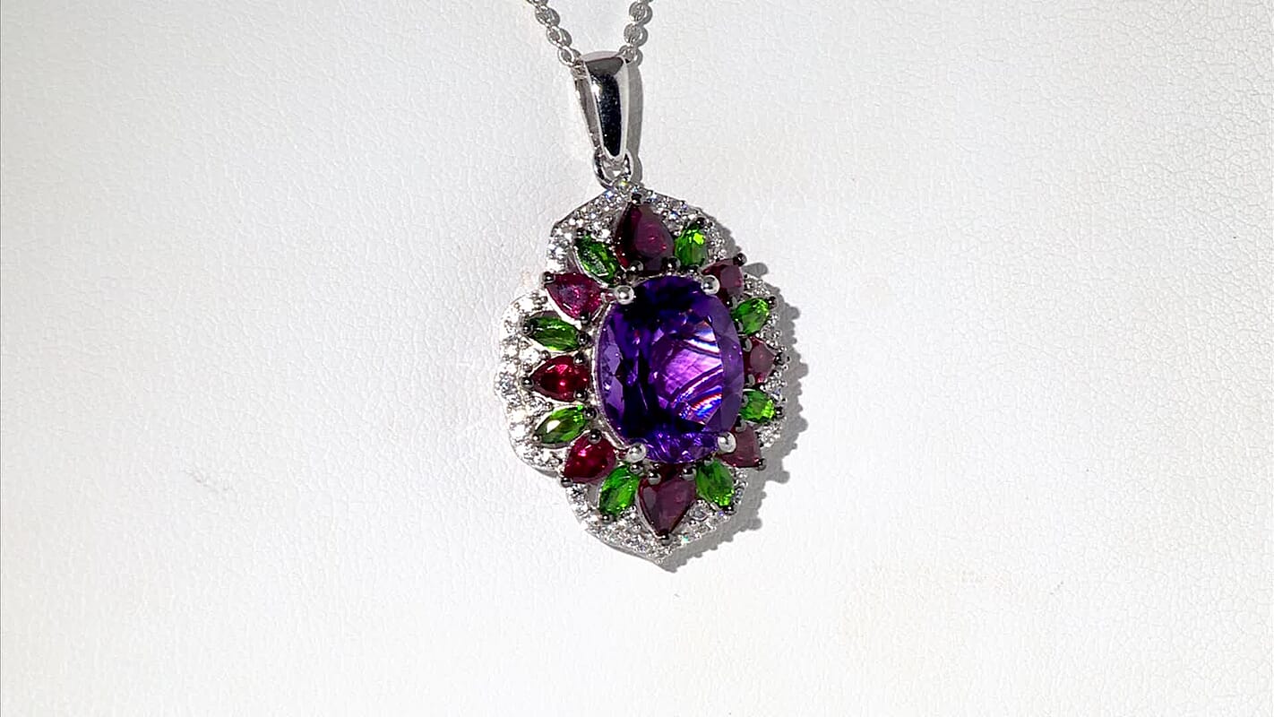 D'Joy Moroccan Amethyst and Multi Gemstone 7.60 ctw Nature's Empress Pendant Necklace in Rhodium Over Sterling Silver 20 Inches
