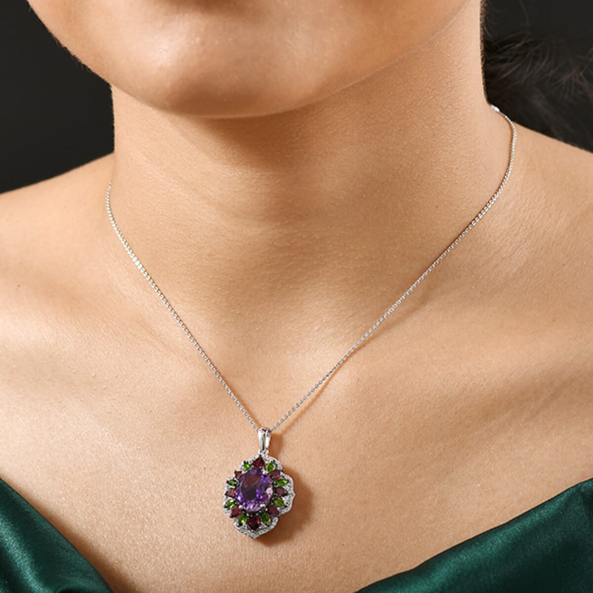 D'Joy Moroccan Amethyst and Multi Gemstone 7.60 ctw Nature's Empress Pendant Necklace in Rhodium Over Sterling Silver 20 Inches image number 2