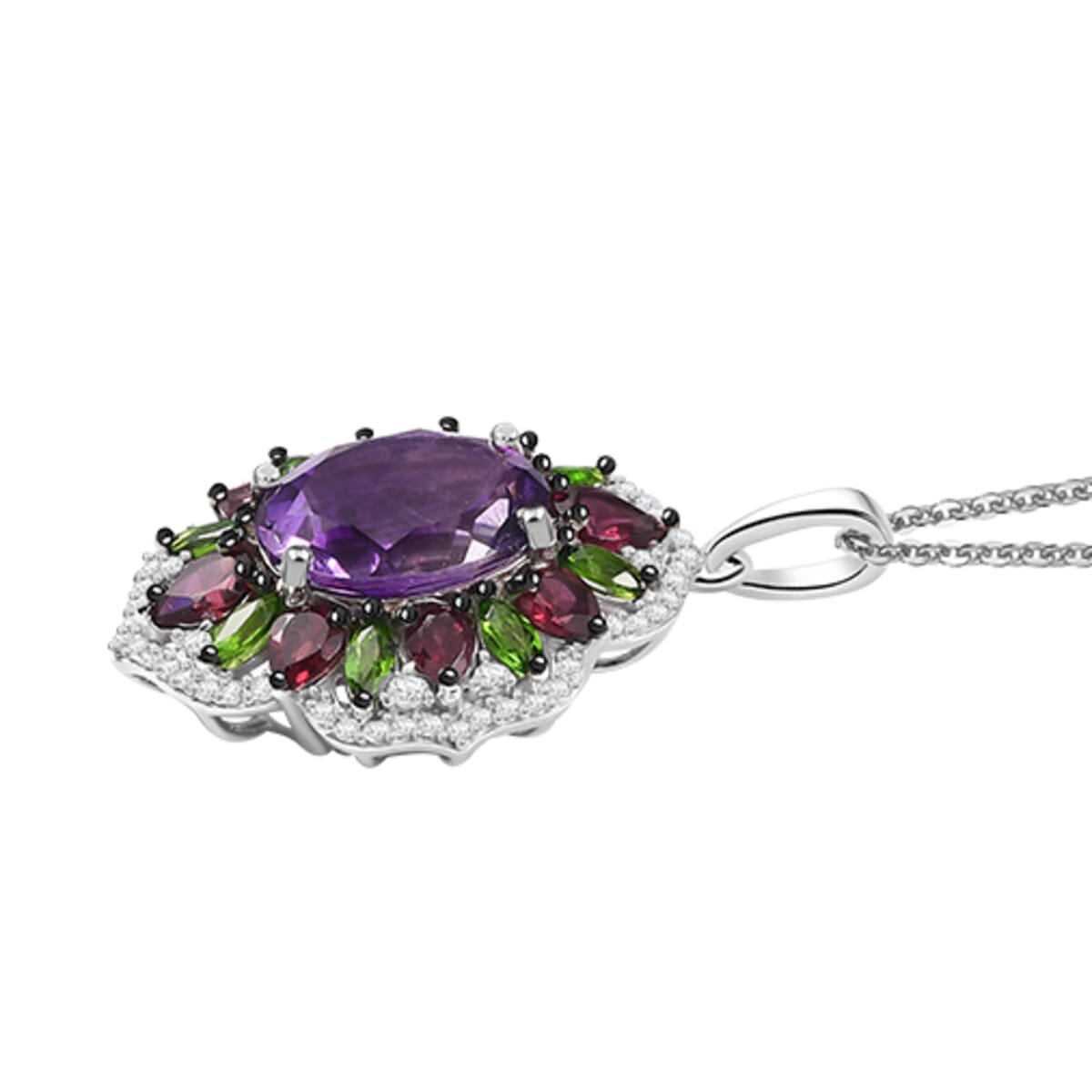 D'Joy Moroccan Amethyst and Multi Gemstone 7.60 ctw Nature's Empress Pendant Necklace in Rhodium Over Sterling Silver 20 Inches image number 3