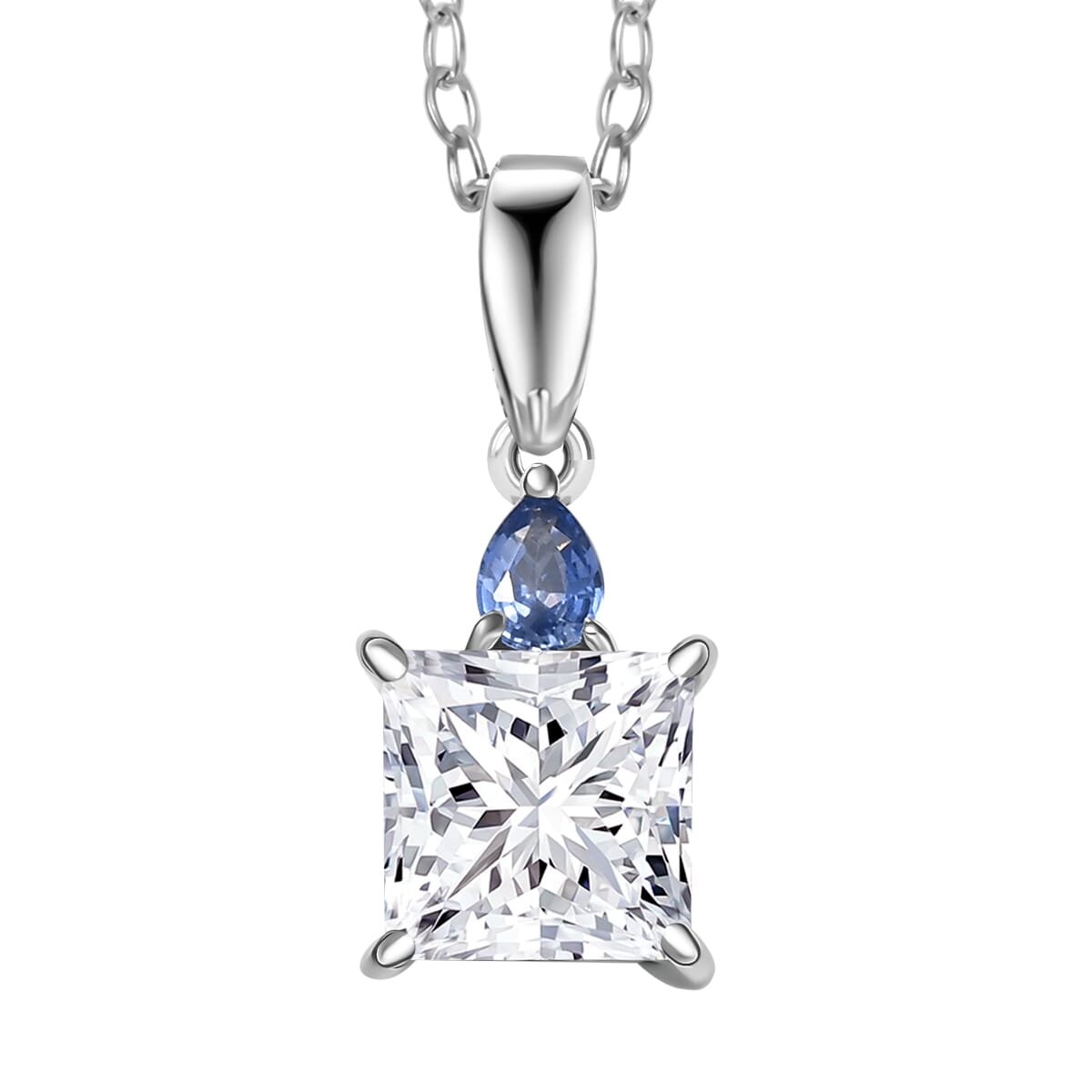 IGI Certified Princess Cut Luxuriant Lab Grown Diamond E-F VS and Ceylon Blue Sapphire 2.15 ctw  Pendant Necklace in 950 Platinum 20 Inches image number 0