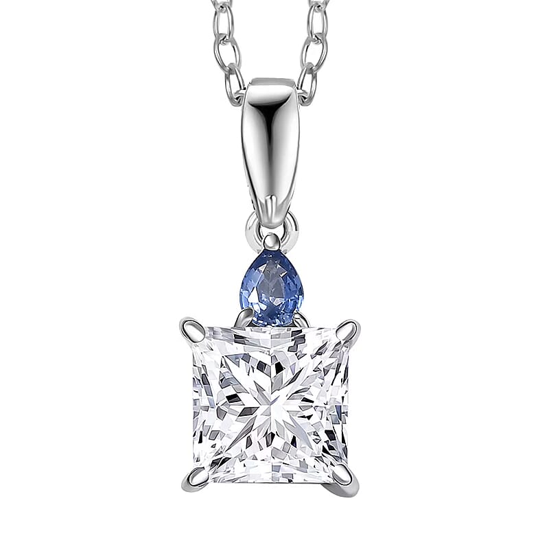 IGI Certified Princess Cut Luxuriant Lab Grown Diamond E-F VS and Ceylon Blue Sapphire 2.15 ctw  Pendant Necklace in 950 Platinum 20 Inches