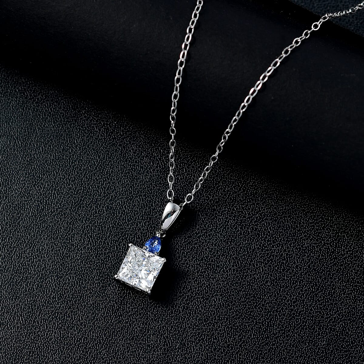 IGI Certified Princess Cut Luxuriant Lab Grown Diamond E-F VS and Ceylon Blue Sapphire 2.15 ctw  Pendant Necklace in 950 Platinum 20 Inches image number 1