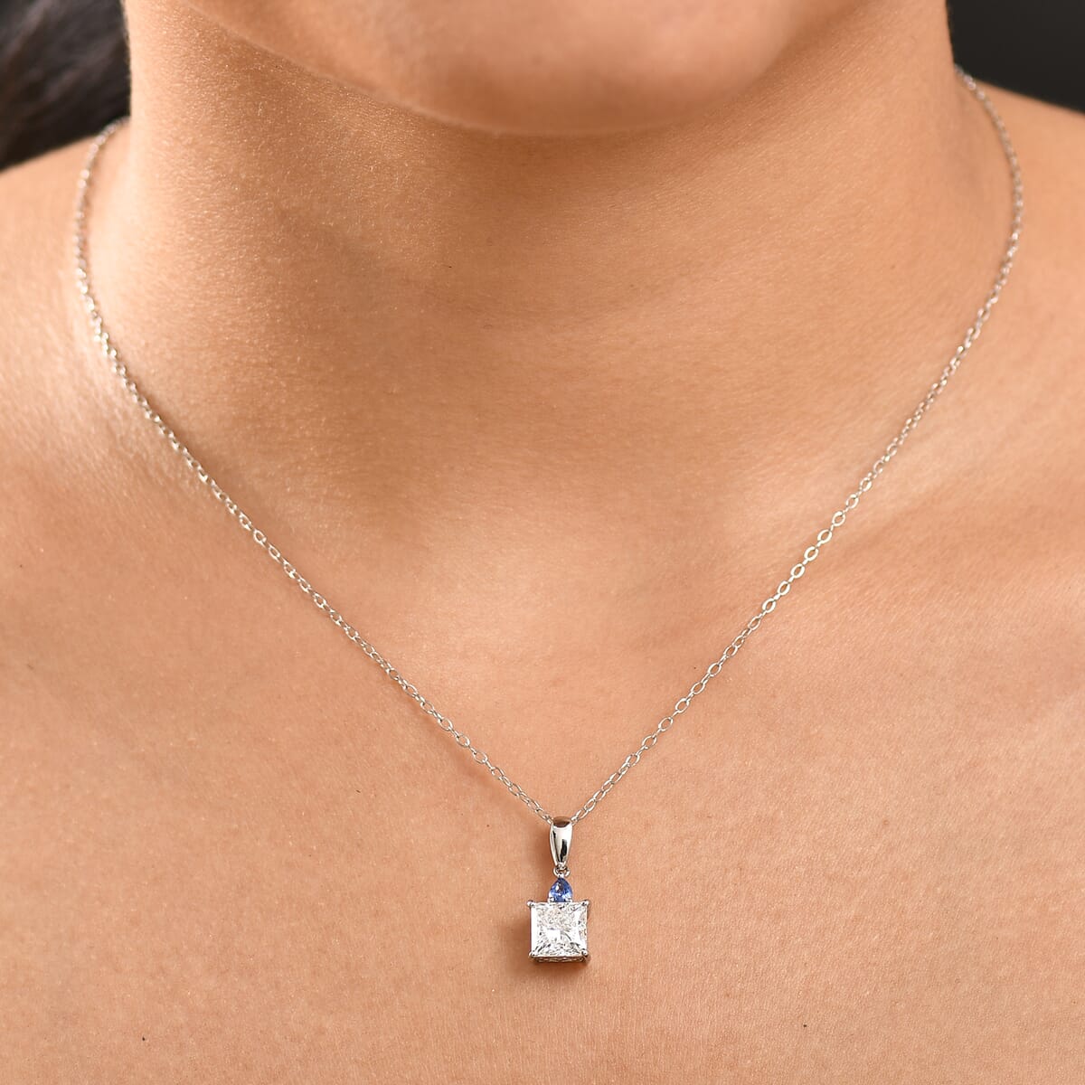 IGI Certified Princess Cut Luxuriant Lab Grown Diamond E-F VS and Ceylon Blue Sapphire 2.15 ctw  Pendant Necklace in 950 Platinum 20 Inches image number 2