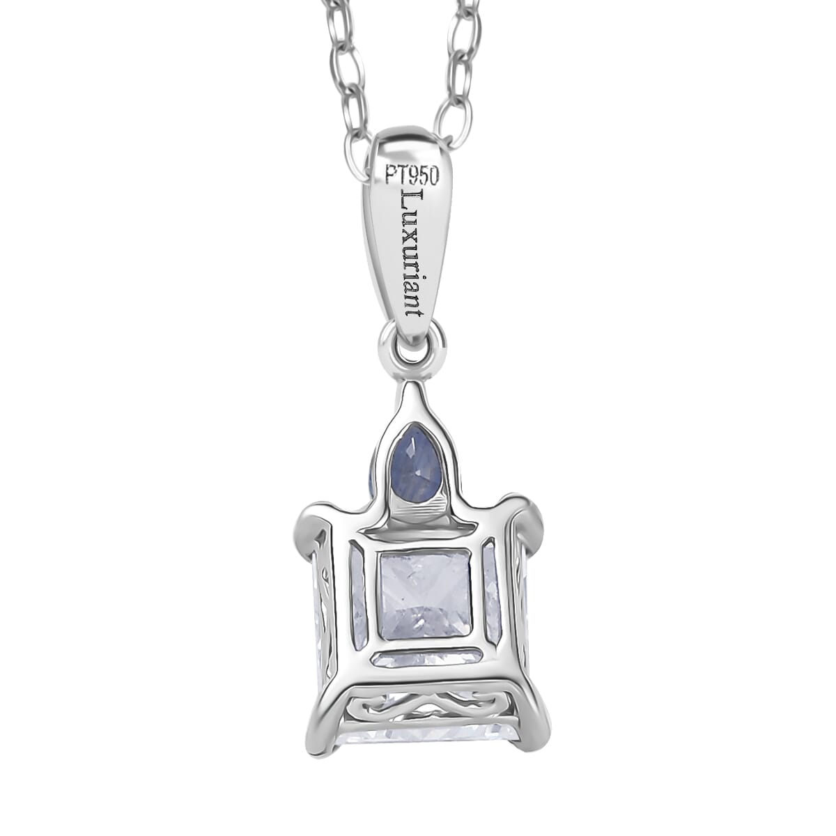 IGI Certified Princess Cut Luxuriant Lab Grown Diamond E-F VS and Ceylon Blue Sapphire 2.15 ctw  Pendant Necklace in 950 Platinum 20 Inches image number 4