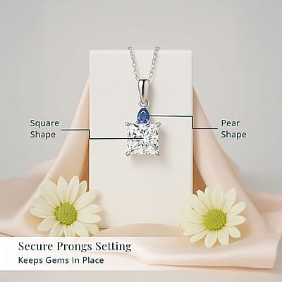 IGI Certified Princess Cut Luxuriant Lab Grown Diamond E-F VS and Ceylon Blue Sapphire 2.15 ctw  Pendant Necklace in 950 Platinum 20 Inches