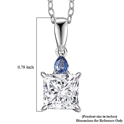 IGI Certified Princess Cut Luxuriant Lab Grown Diamond E-F VS and Ceylon Blue Sapphire 2.15 ctw  Pendant Necklace in 950 Platinum 20 Inches