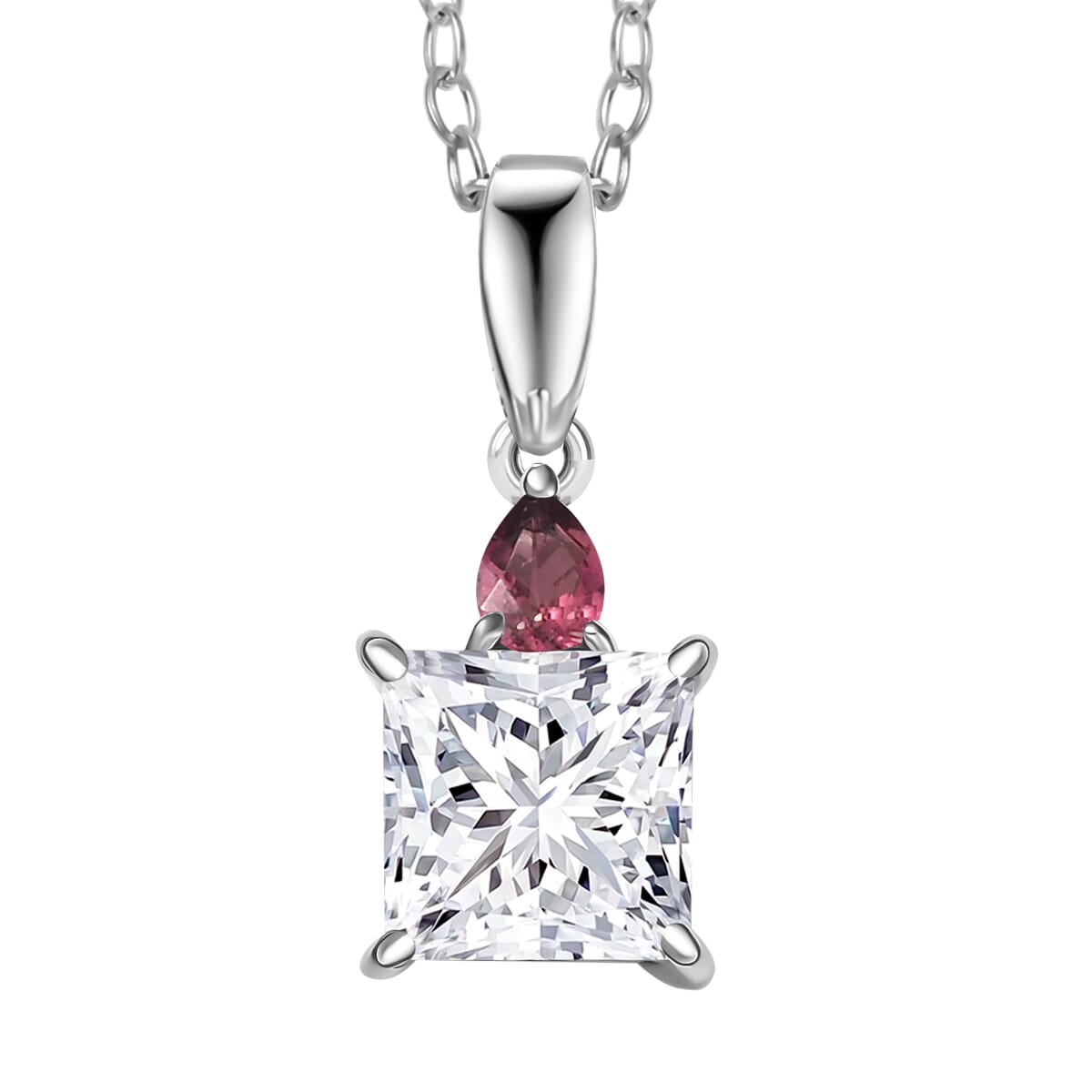 IGI Certified Princess Cut Luxuriant Lab Grown Diamond E-F VS and Ouro Fino Rubellite 2.15 ctw Pendant Necklace in 950 Platinum 20 Inches image number 0