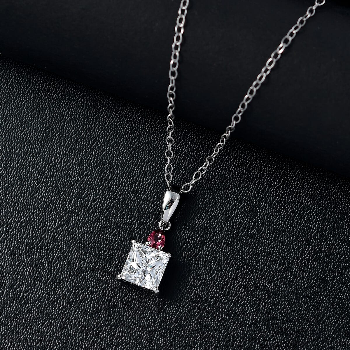 IGI Certified Princess Cut Luxuriant Lab Grown Diamond E-F VS and Ouro Fino Rubellite 2.15 ctw Pendant Necklace in 950 Platinum 20 Inches image number 1