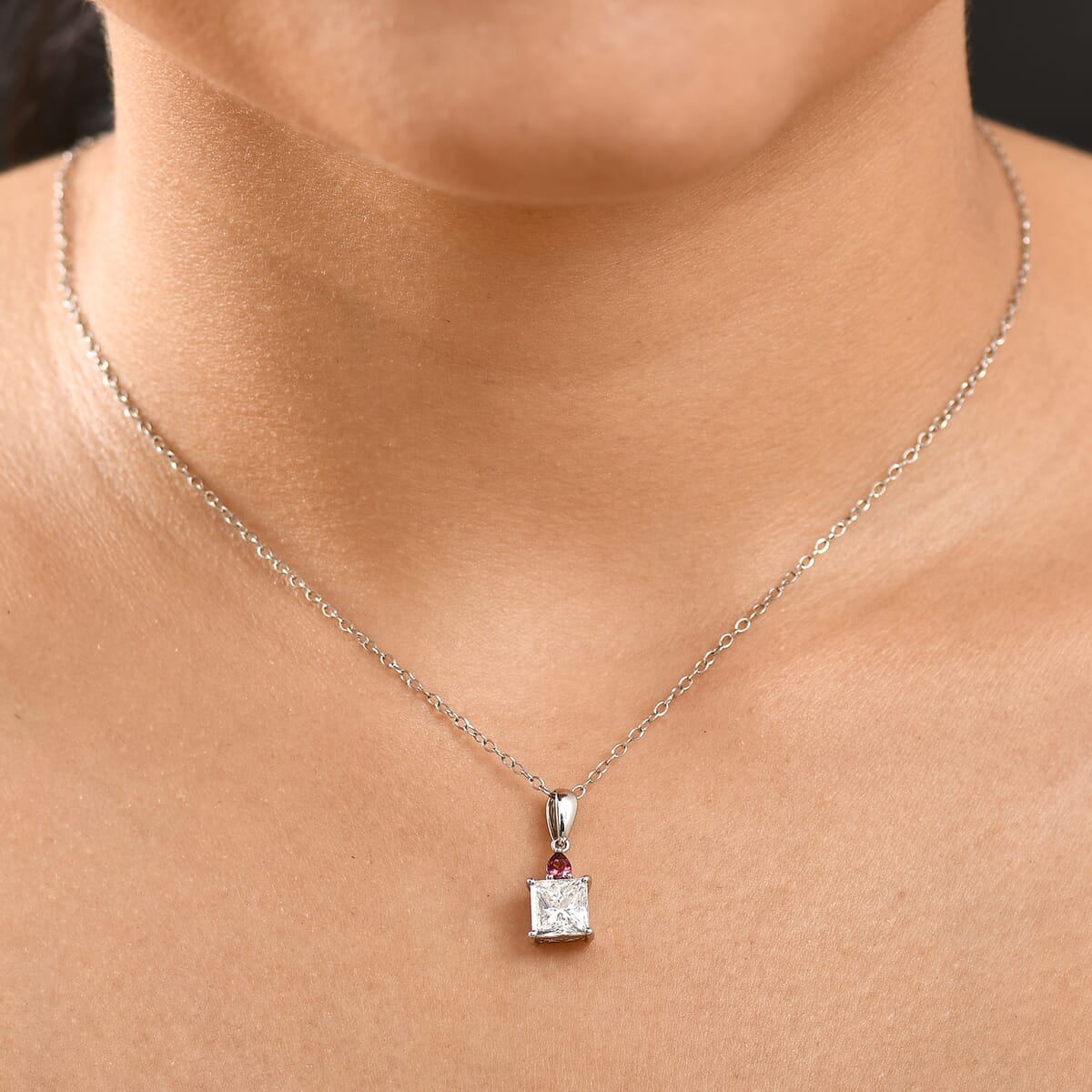 IGI Certified Princess Cut Luxuriant Lab Grown Diamond E-F VS and Ouro Fino Rubellite 2.15 ctw Pendant Necklace in 950 Platinum 20 Inches image number 2