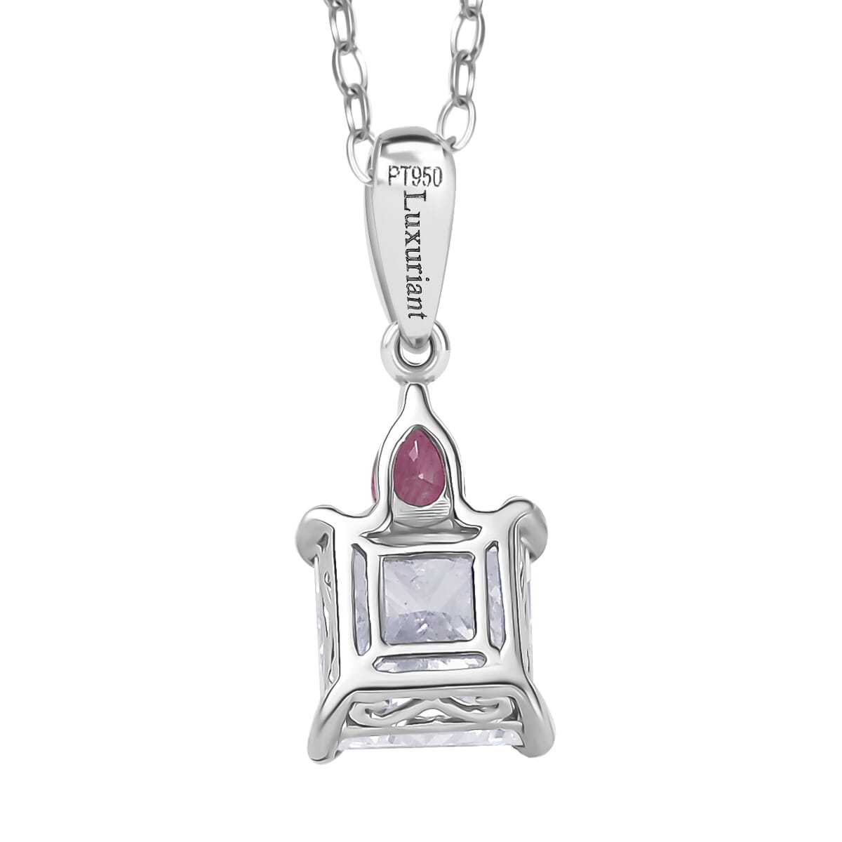 IGI Certified Princess Cut Luxuriant Lab Grown Diamond E-F VS and Ouro Fino Rubellite 2.15 ctw Pendant Necklace in 950 Platinum 20 Inches image number 4