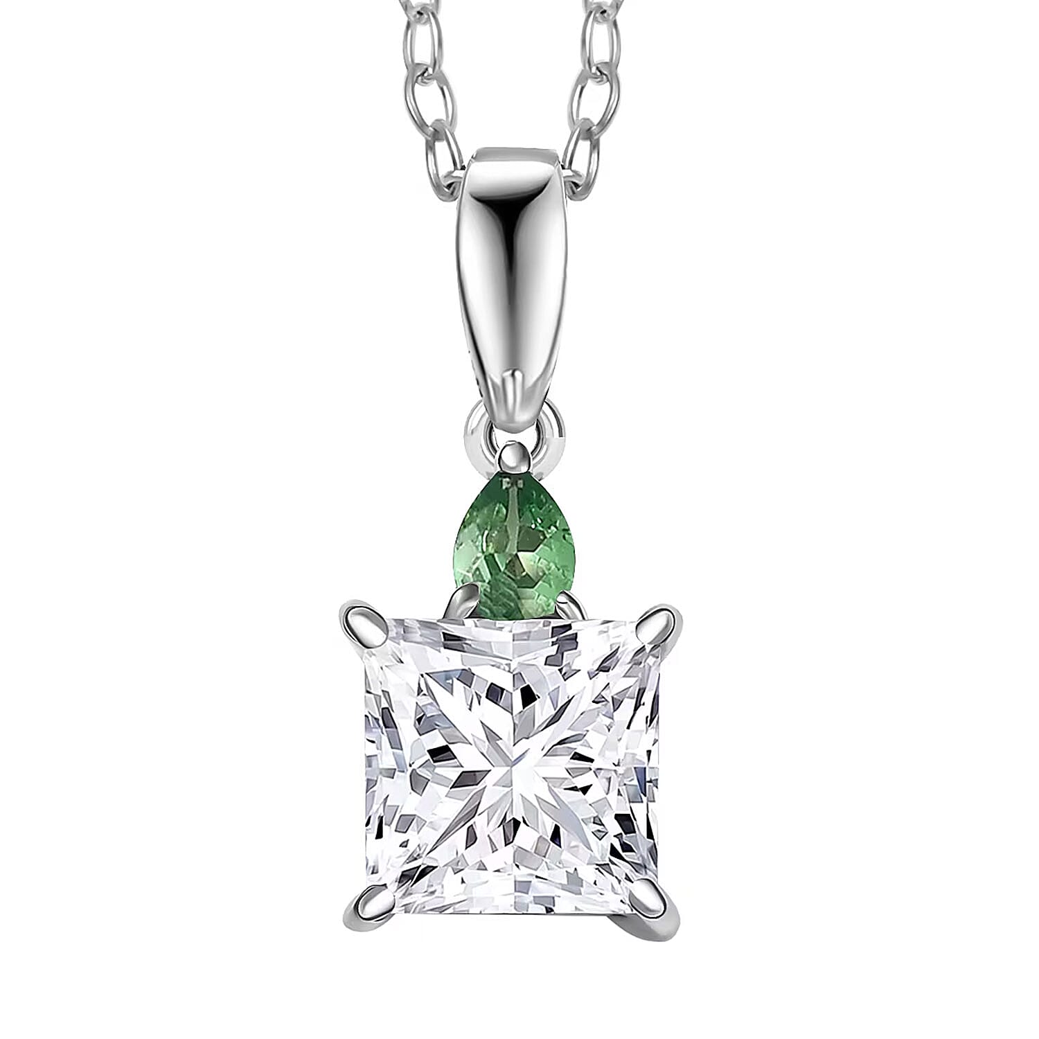 IGI Certified Princess Cut Luxuriant Lab Grown Diamond E-F VS and Tsavorite Garnet 2.15 ctw Pendant Necklace in 950 Platinum 20