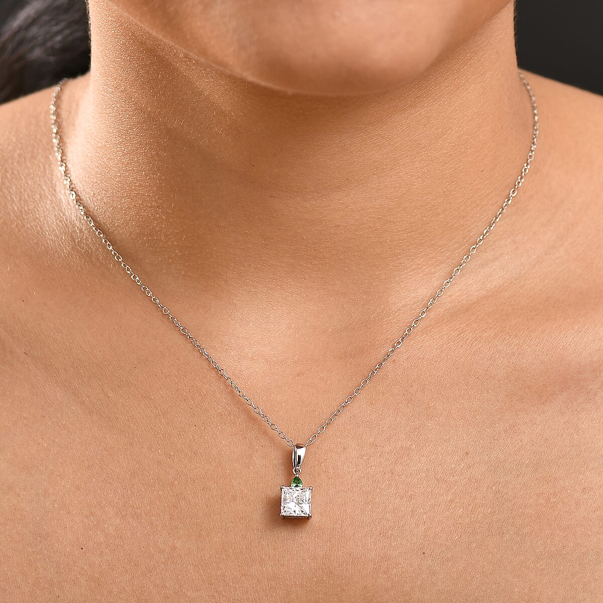 IGI Certified Princess Cut Luxuriant Lab Grown Diamond E-F VS and Tsavorite Garnet 2.15 ctw Pendant Necklace in 950 Platinum 20 Inches image number 2