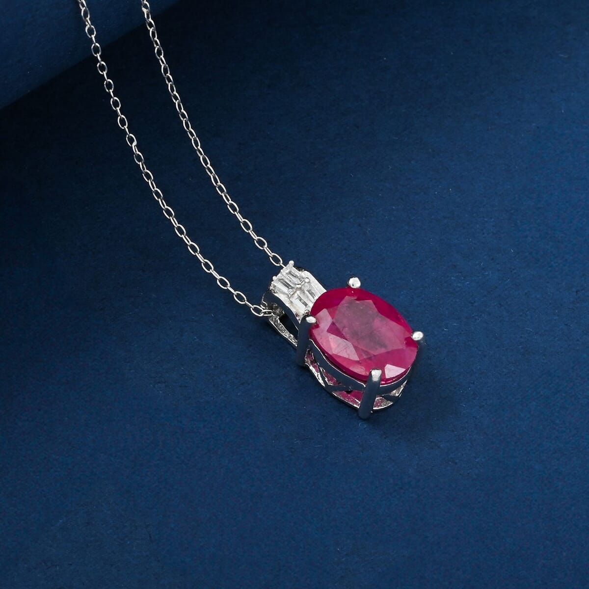 Niassa Ruby (FF) and Diamond 3.00 ctw Pendant Necklace 18 Inches in Rhodium Over Sterling Silver image number 1
