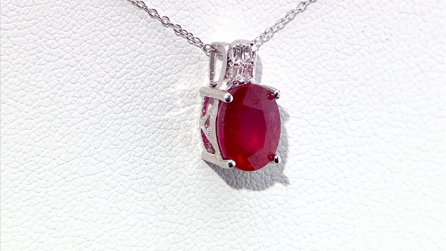 Niassa Ruby (FF) and Diamond 3.00 ctw Pendant Necklace 18 Inches in Rhodium Over Sterling Silver
