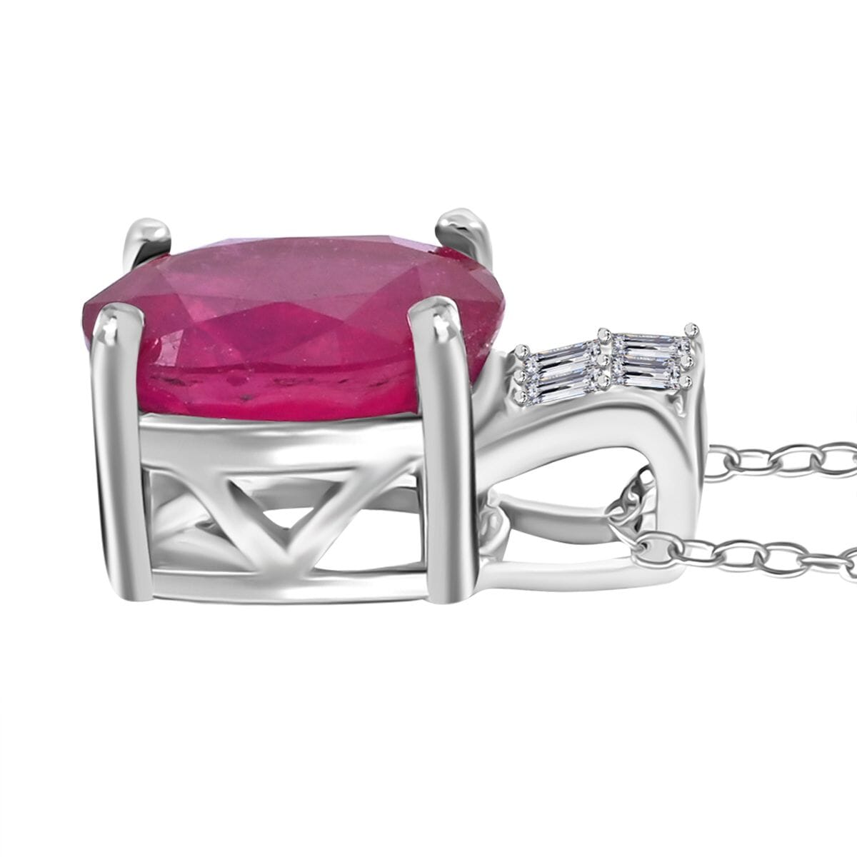Niassa Ruby (FF) and Diamond 3.00 ctw Pendant Necklace 18 Inches in Rhodium Over Sterling Silver image number 3