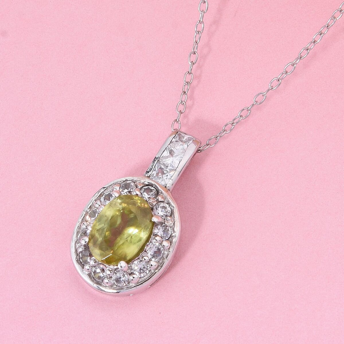 D'Joy Premium Sava Sphene and White Zircon 1.65 ctw Pendant Necklace in Rhodium Over Sterling Silver 20 Inches image number 1