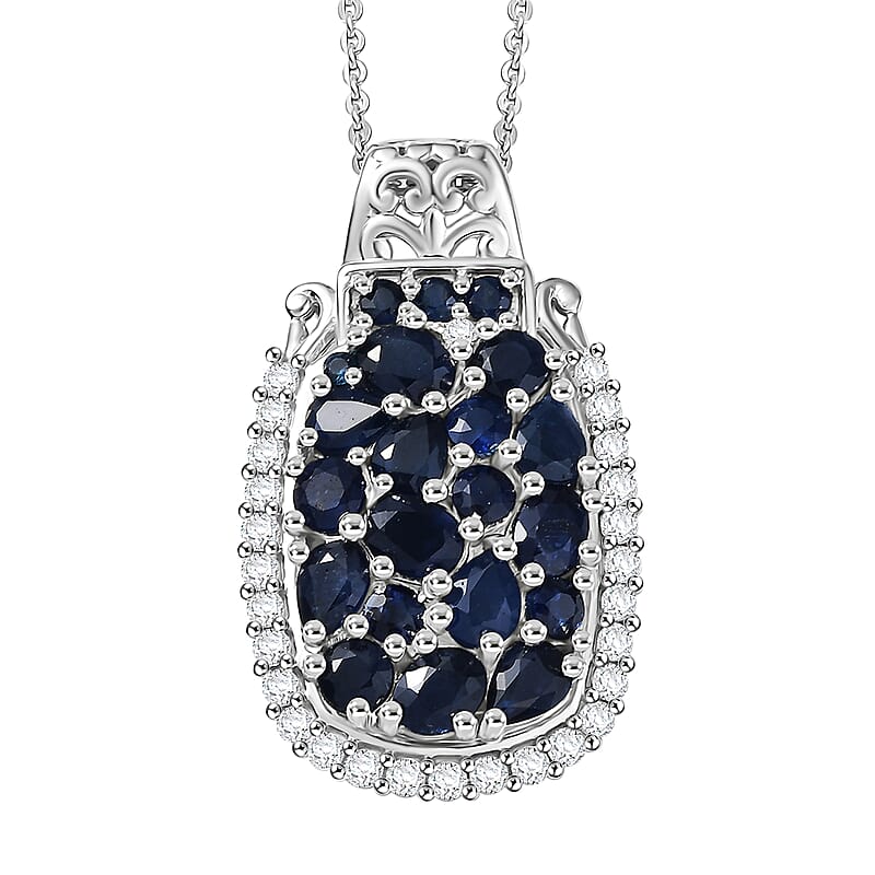 (Do Not Schedule For LS) D'Joy Premium Kanchanaburi Blue Sapphire and Moissanite 3.25 ctw Gilded Dynasty Pendant Necklace in Rhodium Over Sterling Silver 20 Inches