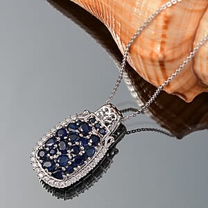 (Do Not Schedule For LS) D'Joy Premium Kanchanaburi Blue Sapphire and Moissanite 3.25 ctw Gilded Dynasty Pendant Necklace in Rhodium Over Sterling Silver 20 Inches