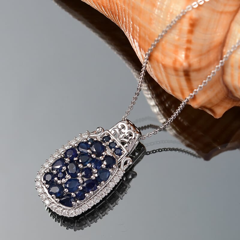 D'Joy Premium Kanchanaburi Blue Sapphire and Moissanite 3.25 ctw Gilded Dynasty Pendant Necklace in Rhodium Over Sterling Silver 20 Inches