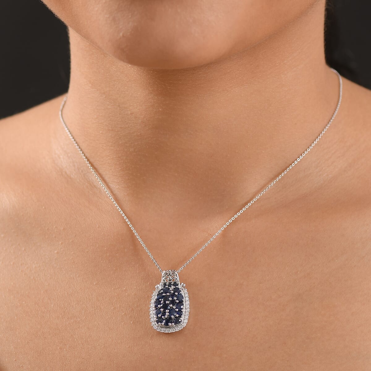 D'Joy Premium Kanchanaburi Blue Sapphire and Moissanite 3.25 ctw Gilded Dynasty Pendant Necklace in Rhodium Over Sterling Silver 20 Inches image number 2