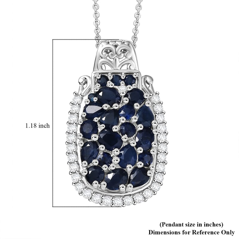 D'Joy Premium Kanchanaburi Blue Sapphire and Moissanite 3.25 ctw Gilded Dynasty Pendant Necklace in Rhodium Over Sterling Silver 20 Inches