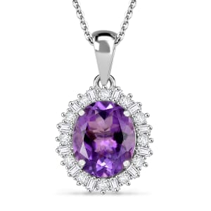 D'Joy Premium Moroccan Amethyst and Moissanite 3.70 ctw Regal Bloom Pendant Necklace in Rhodium Over Sterling Silver 20 Inches