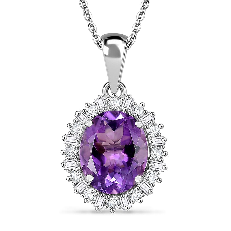 D'Joy Premium Moroccan Amethyst and Moissanite 3.70 ctw Regal Bloom Pendant Necklace in Rhodium Over Sterling Silver 20 Inches