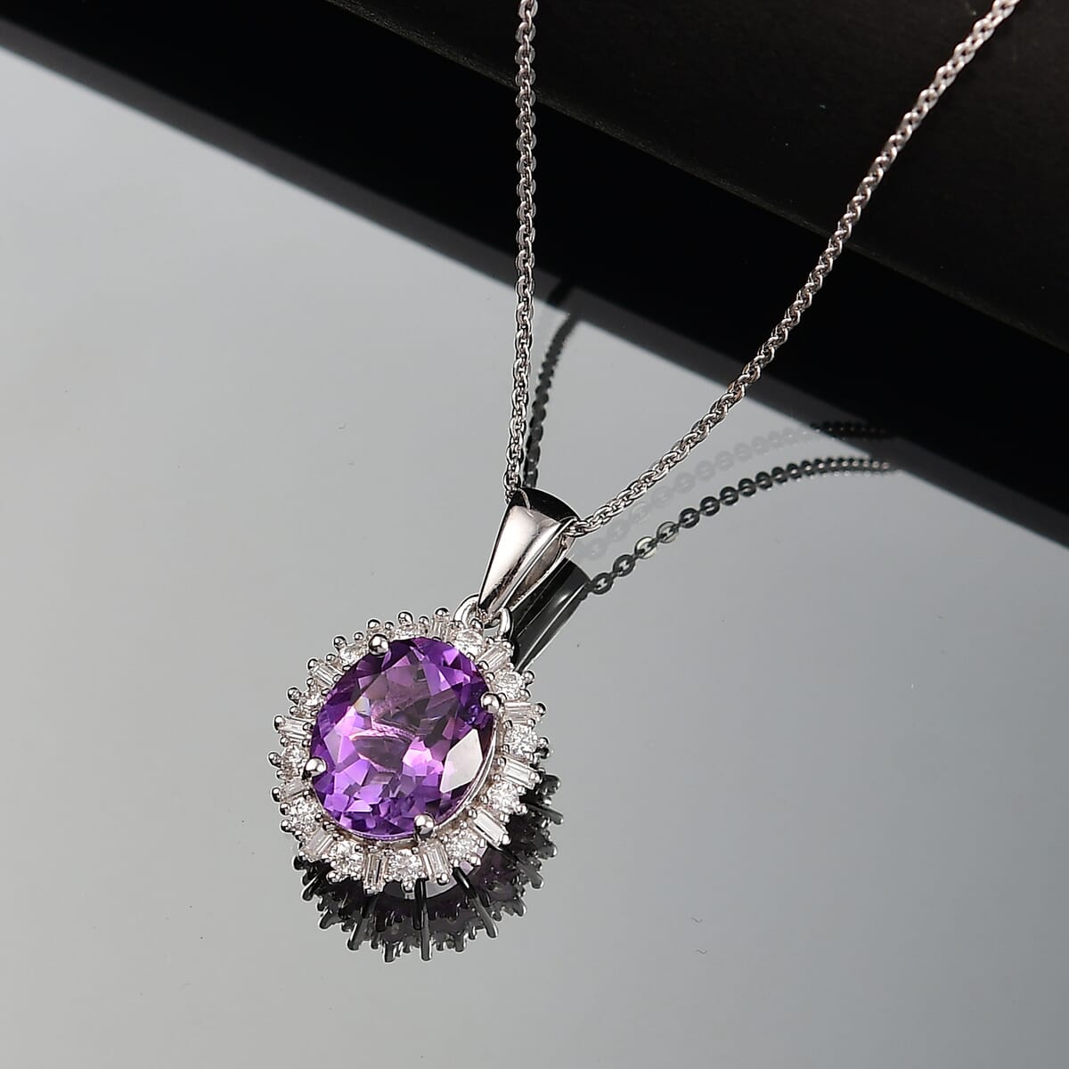 D'Joy Premium Moroccan Amethyst and Moissanite 3.70 ctw Regal Bloom Pendant Necklace in Rhodium Over Sterling Silver 20 Inches image number 1