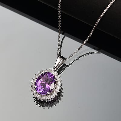 D'Joy Premium Moroccan Amethyst and Moissanite 3.70 ctw Regal Bloom Pendant Necklace in Rhodium Over Sterling Silver 20 Inches