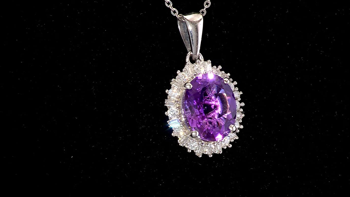 D'Joy Premium Moroccan Amethyst and Moissanite 3.70 ctw Regal Bloom Pendant Necklace in Rhodium Over Sterling Silver 20 Inches