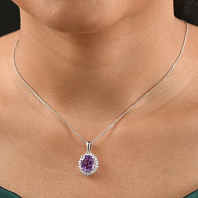 D'Joy Premium Moroccan Amethyst and Moissanite 3.70 ctw Regal Bloom Pendant Necklace in Rhodium Over Sterling Silver 20 Inches