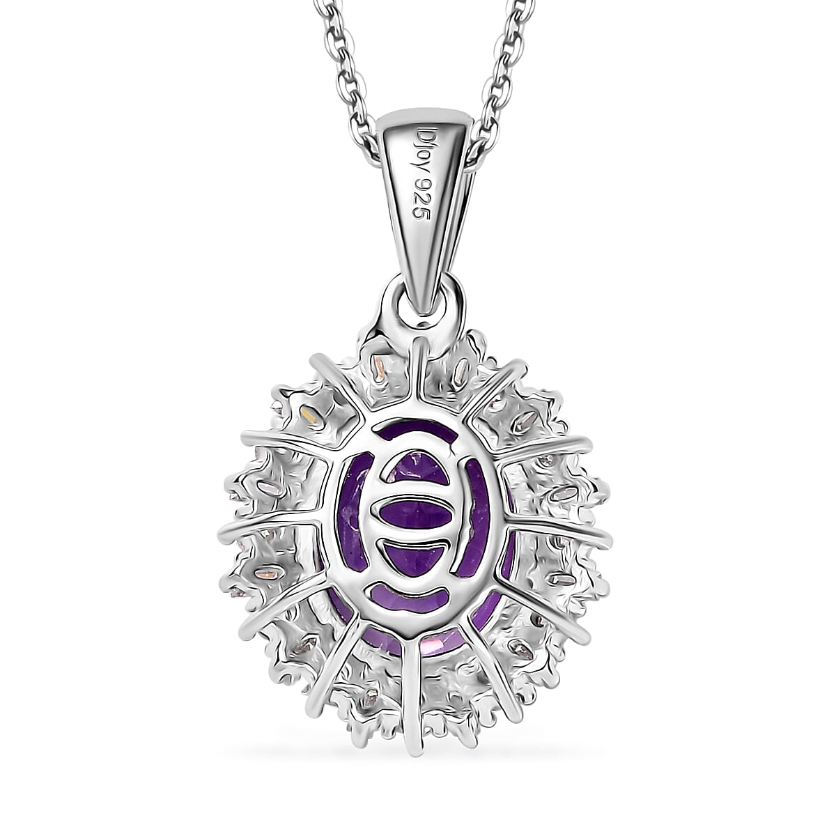 D'Joy Premium Moroccan Amethyst and Moissanite 3.70 ctw Regal Bloom Pendant Necklace in Rhodium Over Sterling Silver 20 Inches