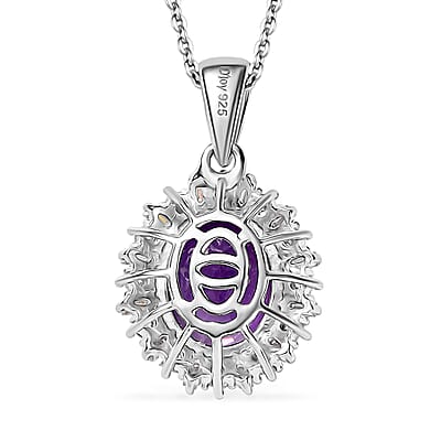 D'Joy Premium Moroccan Amethyst and Moissanite 3.70 ctw Regal Bloom Pendant Necklace in Rhodium Over Sterling Silver 20 Inches