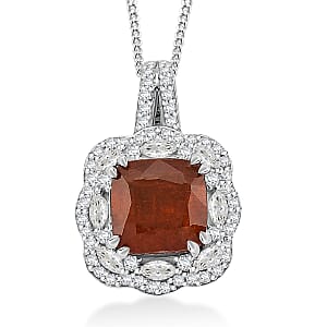 D'Joy Orange Kyanite and White Zircon 3.70 ctw Royal Blossom Halo Pendant Necklace in Rhodium Over Sterling Silver 18 Inches