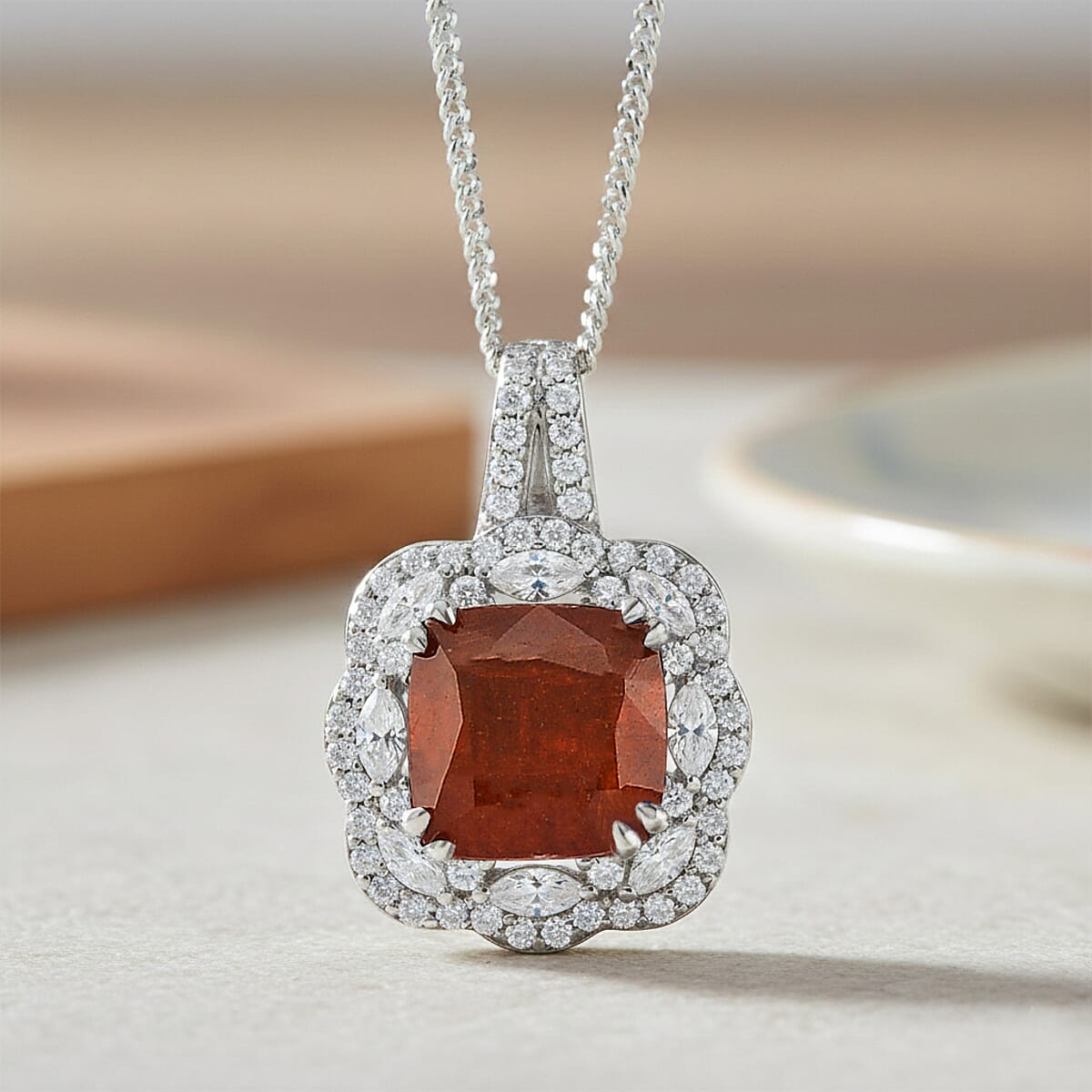 D'Joy Orange Kyanite and White Zircon 3.70 ctw Royal Blossom Halo Pendant Necklace in Rhodium Over Sterling Silver 18 Inches image number 1