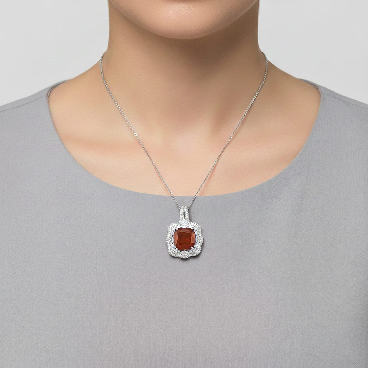D'Joy Orange Kyanite and White Zircon 3.70 ctw Royal Blossom Halo Pendant Necklace in Rhodium Over Sterling Silver 18 Inches image number 2