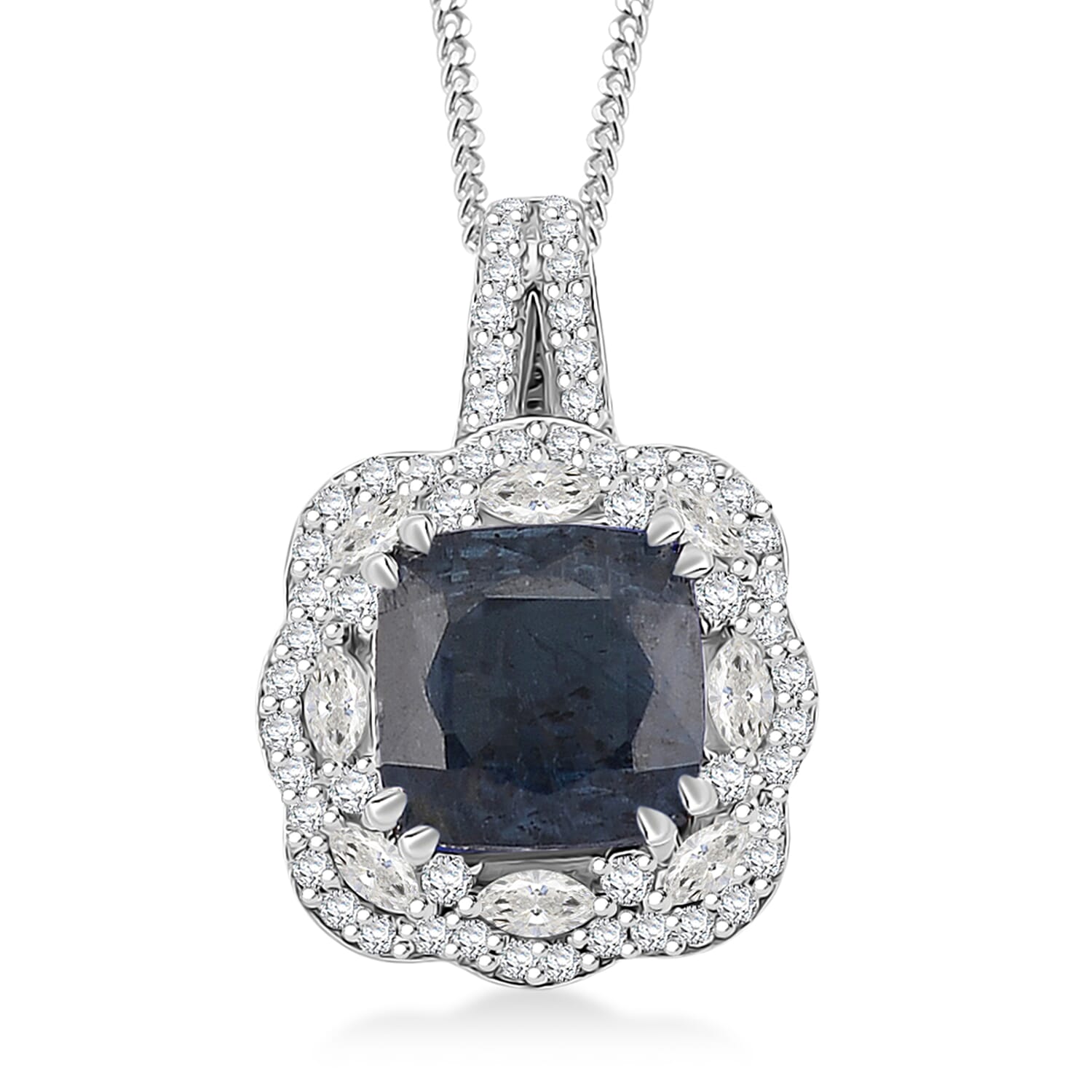 D'Joy Indigo Kyanite and White Zircon 4.20 ctw Royal Blossom Halo Pendant Necklace in Rhodium Over Sterling Silver 18 Inches