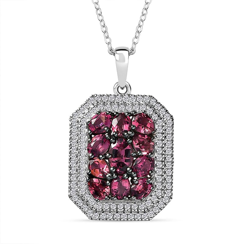 D'Joy Premium Ouro Fino Rubellite and White Zircon 3.00 ctw Crown Cluster Pendant Necklace in Rhodium Over Sterling Silver 20 Inches