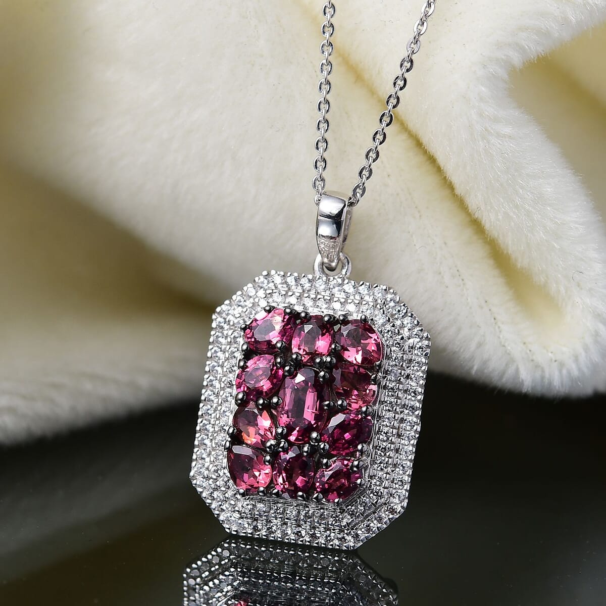 D'Joy Premium Ouro Fino Rubellite and White Zircon 3.00 ctw Crown Cluster Pendant Necklace in Rhodium Over Sterling Silver 20 Inches image number 1