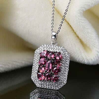 D'Joy Premium Ouro Fino Rubellite and White Zircon 3.00 ctw Crown Cluster Pendant Necklace in Rhodium Over Sterling Silver 20 Inches