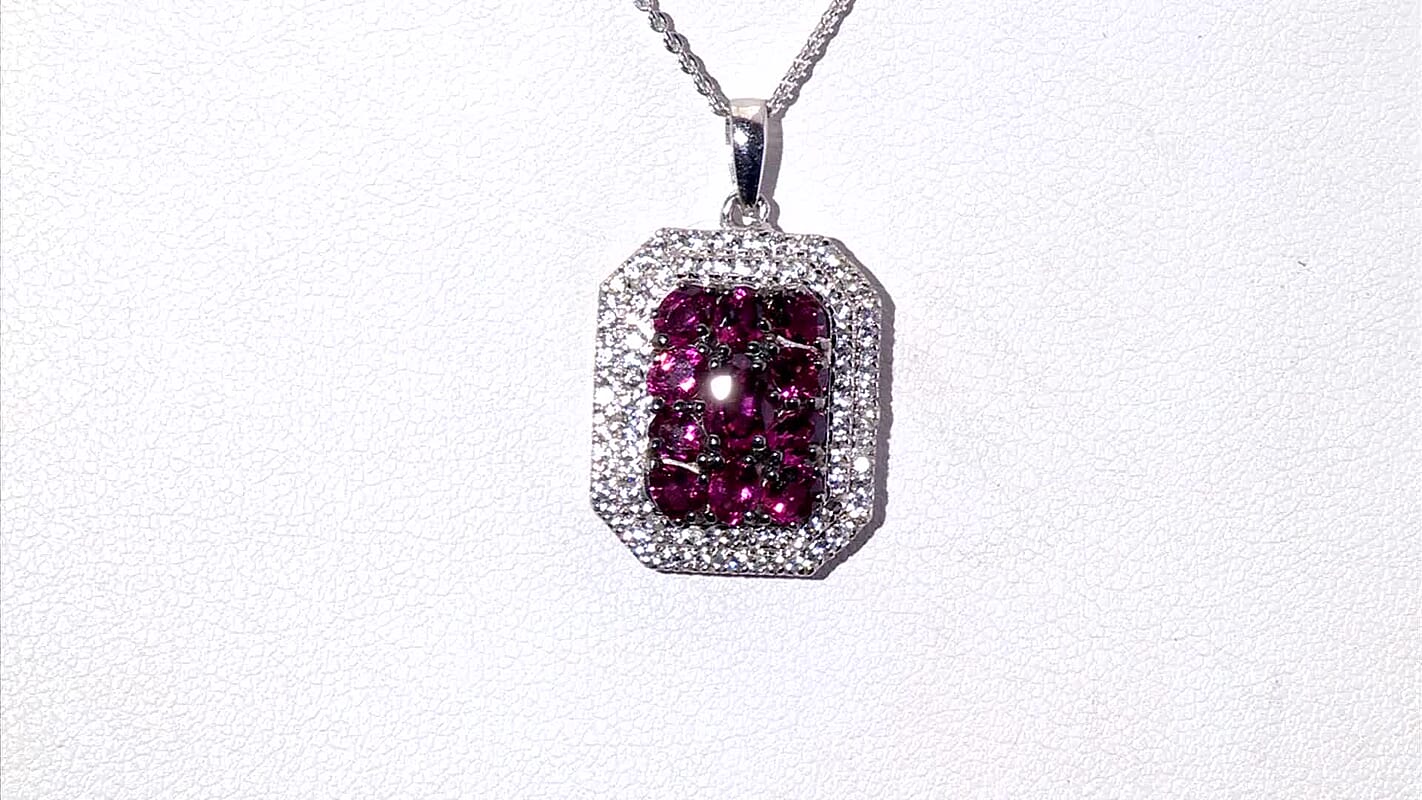 D'Joy Premium Ouro Fino Rubellite and White Zircon 3.00 ctw Crown Cluster Pendant Necklace in Rhodium Over Sterling Silver 20 Inches
