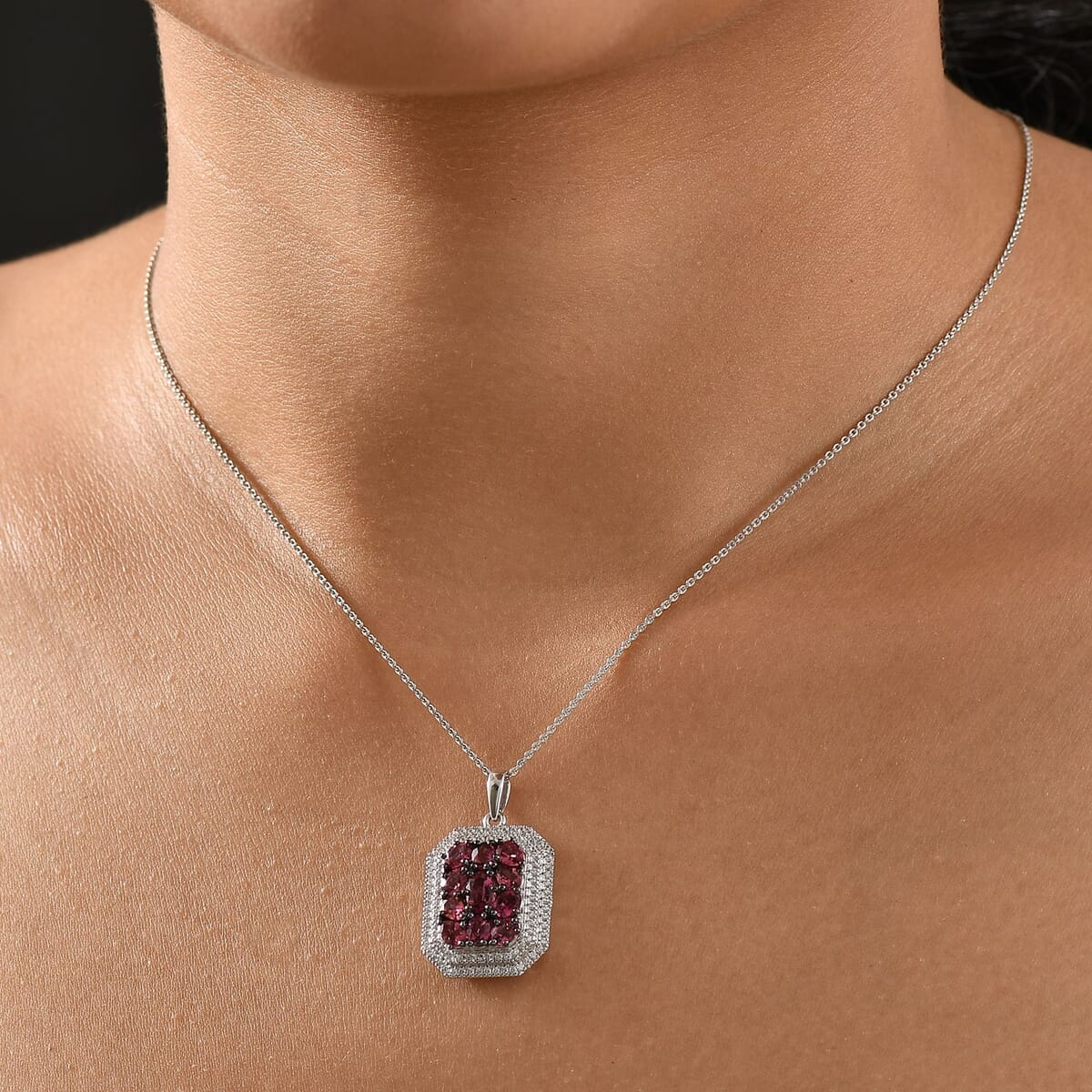D'Joy Premium Ouro Fino Rubellite and White Zircon 3.00 ctw Crown Cluster Pendant Necklace in Rhodium Over Sterling Silver 20 Inches image number 2