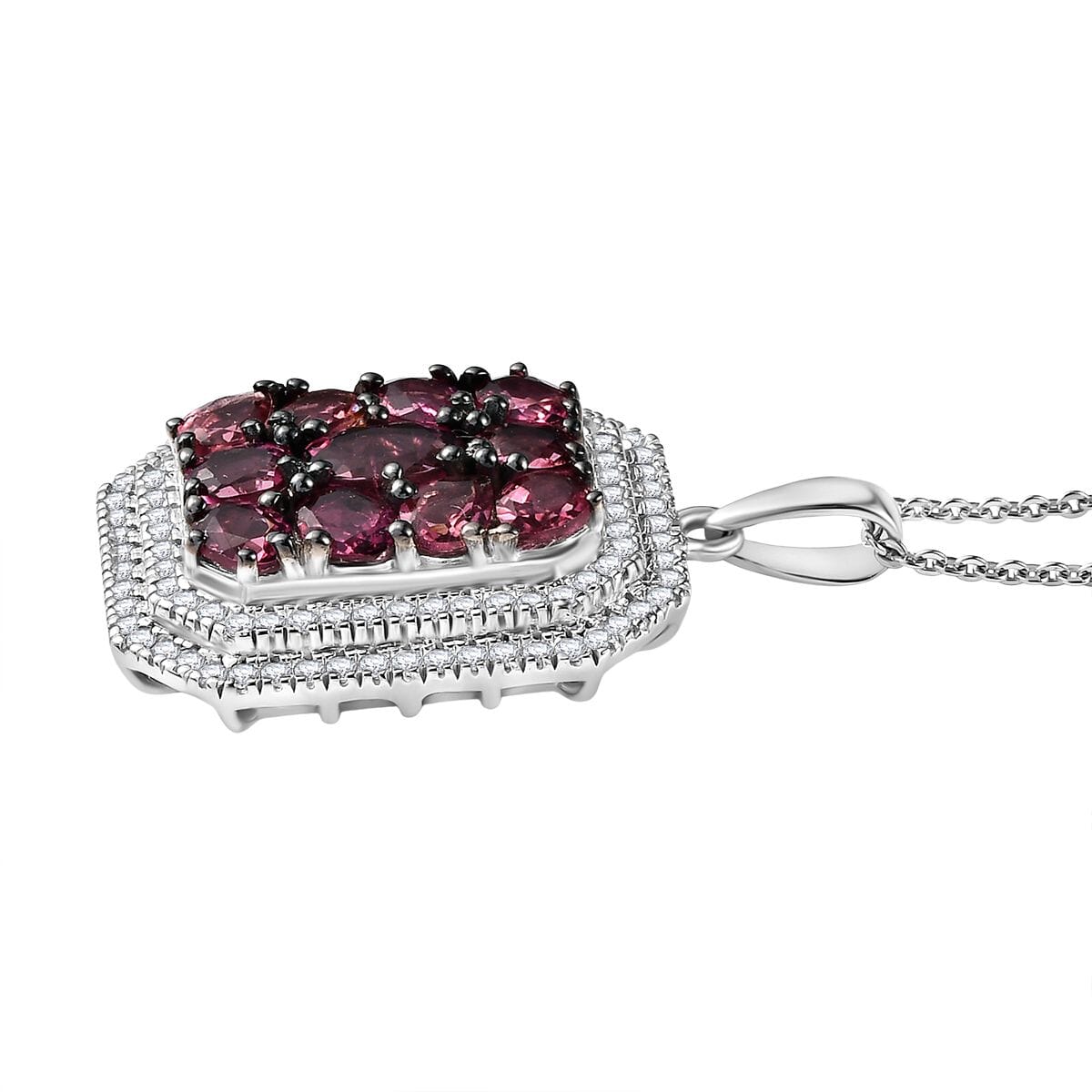 D'Joy Premium Ouro Fino Rubellite and White Zircon 3.00 ctw Crown Cluster Pendant Necklace in Rhodium Over Sterling Silver 20 Inches image number 3