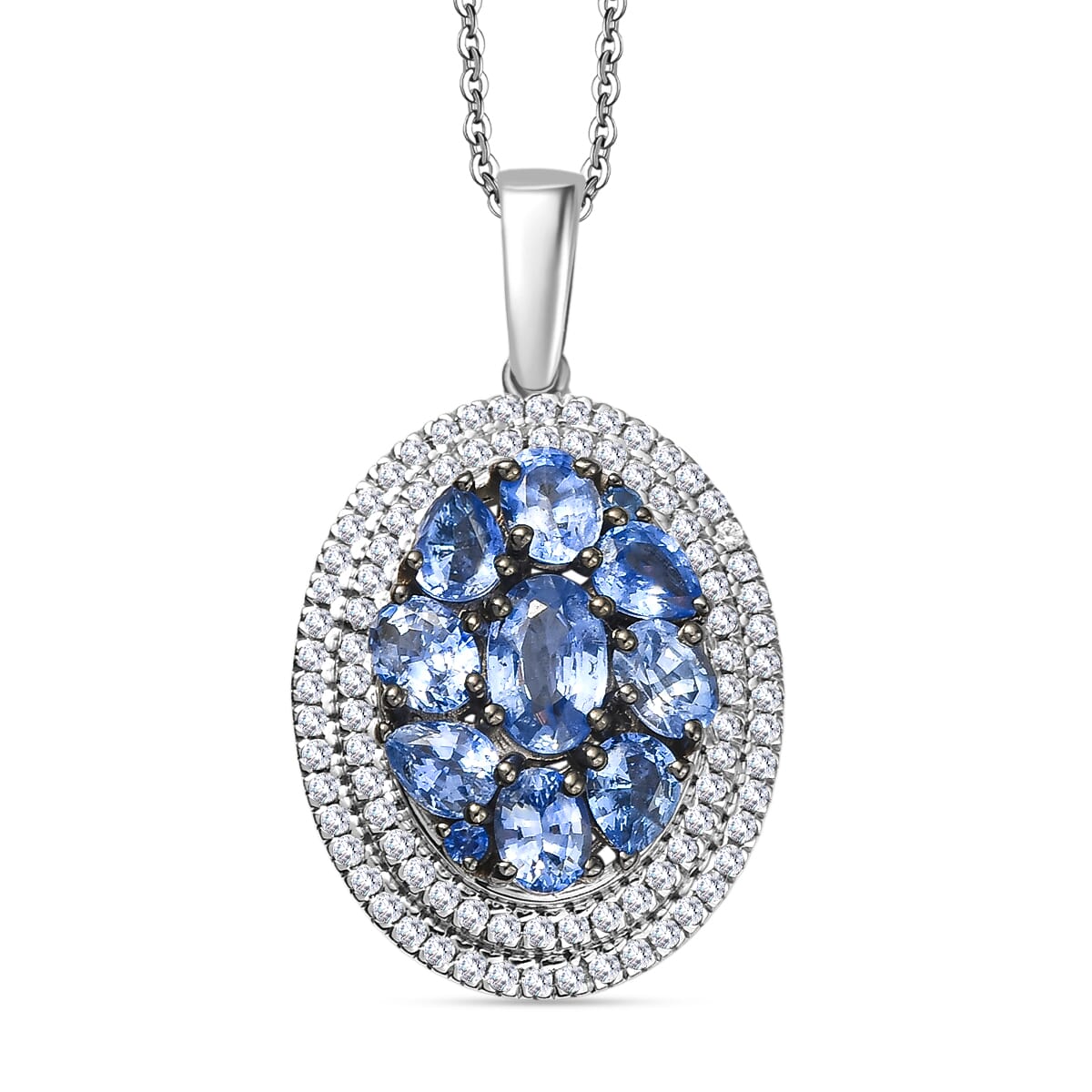 D'Joy Ceylon Blue Sapphire and White Zircon 3.00 ctw Crown Cluster Pendant Necklace in Rhodium Over Sterling Silver 20 Inches image number 0