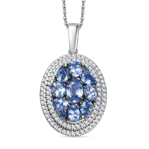 D'Joy Ceylon Blue Sapphire and White Zircon 3.00 ctw Crown Cluster Pendant Necklace in Rhodium Over Sterling Silver 20 Inches
