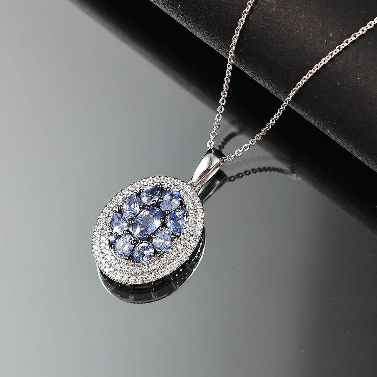 D'Joy Ceylon Blue Sapphire and White Zircon 3.00 ctw Crown Cluster Pendant Necklace in Rhodium Over Sterling Silver 20 Inches image number 1
