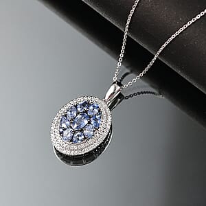 D'Joy Ceylon Blue Sapphire and White Zircon 3.00 ctw Crown Cluster Pendant Necklace in Rhodium Over Sterling Silver 20 Inches