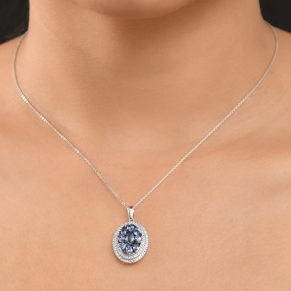 D'Joy Ceylon Blue Sapphire and White Zircon 3.00 ctw Crown Cluster Pendant Necklace in Rhodium Over Sterling Silver 20 Inches image number 2