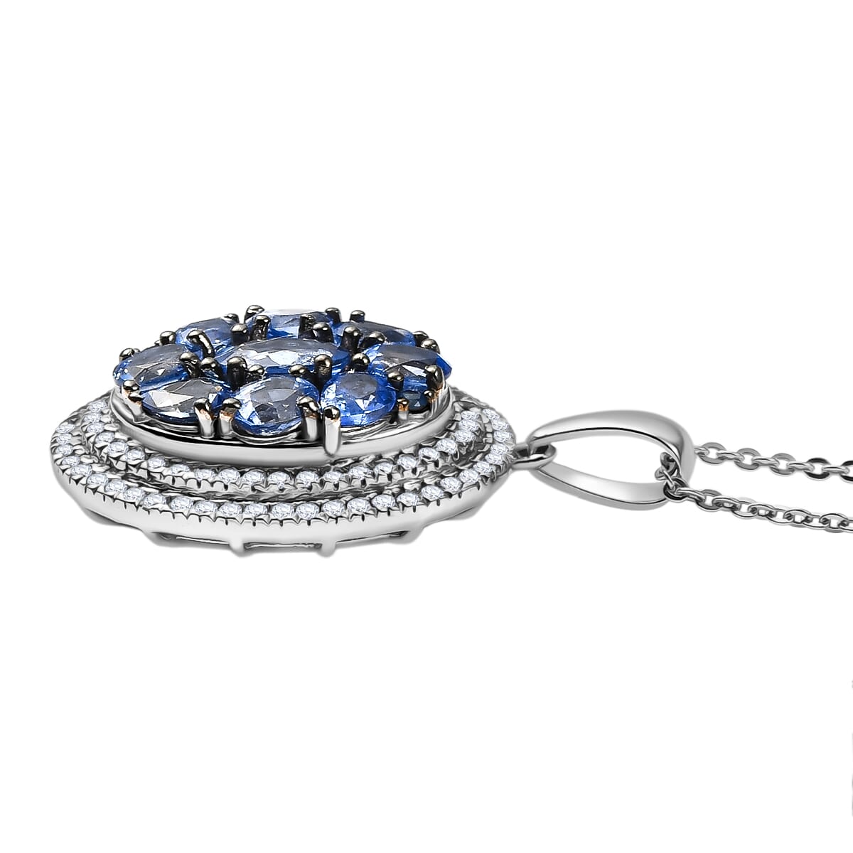 D'Joy Ceylon Blue Sapphire and White Zircon 3.00 ctw Crown Cluster Pendant Necklace in Rhodium Over Sterling Silver 20 Inches image number 3