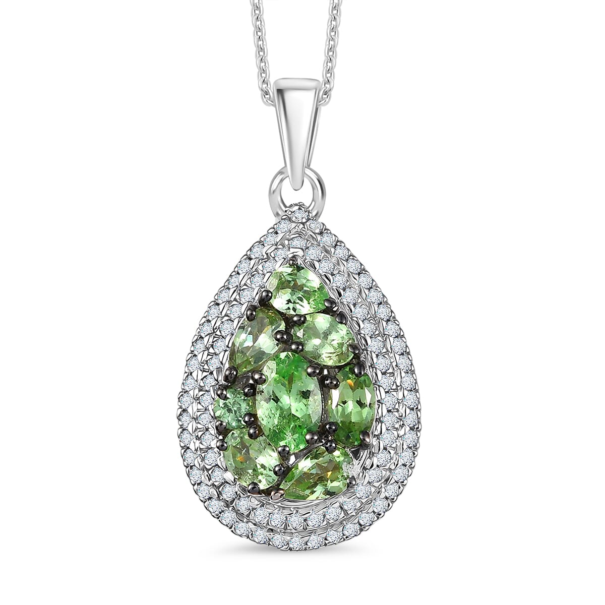 D'Joy Premium Tsavorite Garnet and White Zircon 2.50 ctw Crown Cluster Pendant Necklace in Rhodium Over Sterling Silver 20 Inches image number 0
